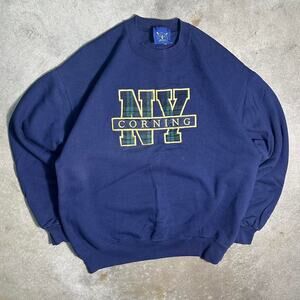 Vintage 90s Oarsmen NY Corning College Sweatshirt Mens XL Plaid Navy Crewneck